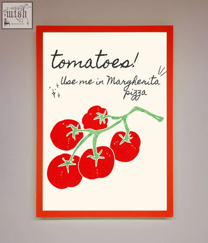 Red framed pizza framed poster with vibrant artwork of red tomatoes on green vine against off white background