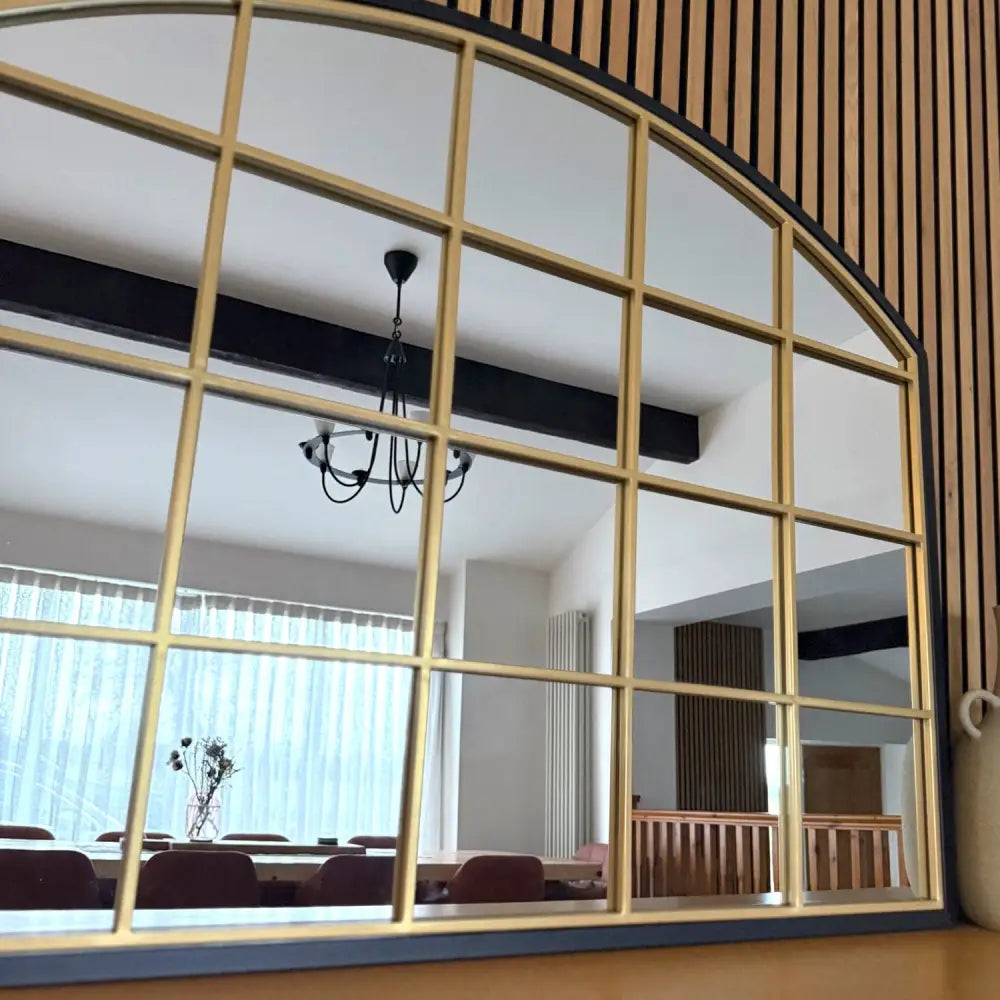 Tomi - Black & Gold Metal Arched Lattice Window Mirror - 95cm x 120cm - Mirror