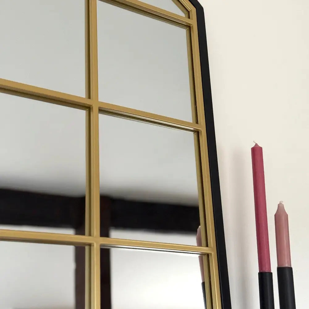 Tomi - Full Length Black & Gold Metal Arched Lattice Window Mirror - 180cm x 105cm - Mirror