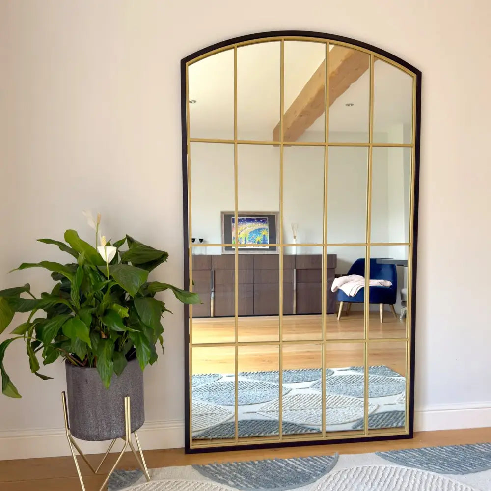 Tomi - Full Length Black & Gold Metal Arched Lattice Window Mirror - 180cm x 105cm - Mirror