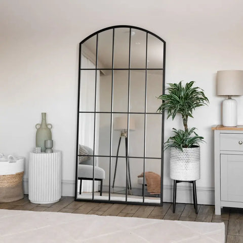 Tomi - Full Length Black Metal Arched Lattice Window Mirror - 150cm x 60cm. - Mirror