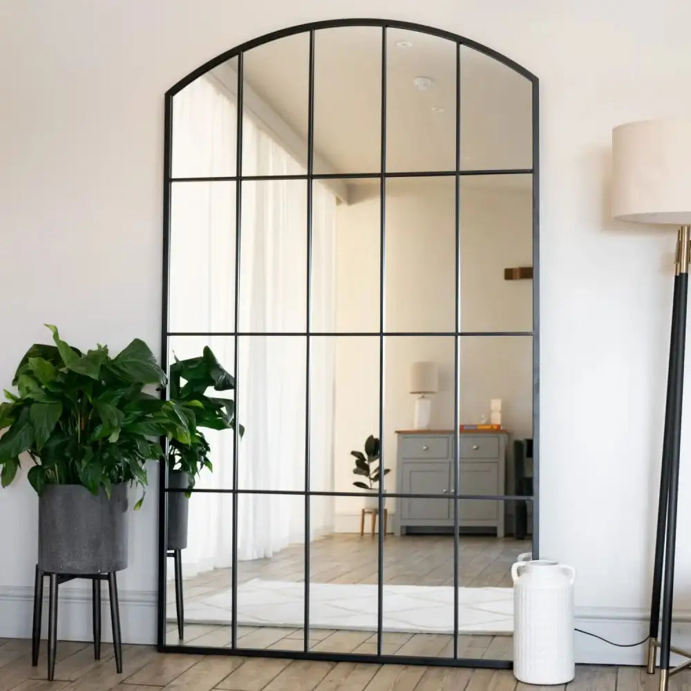 Tomi - Full Length Black Metal Arched Lattice Window Mirror - 180cm x 105cm. - Mirror