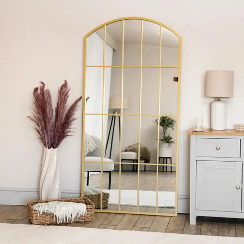 Tomi - Full Length Gold Metal Arched Lattice Window Mirror - 150cm x 60cm. - Mirror