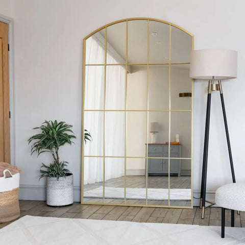 Tomi - Full Length Gold Metal Arched Lattice Window Mirror - 180cm x 105cm. - Mirror