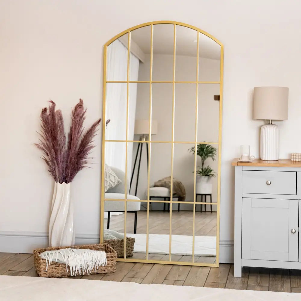 Tomi - Full Length Gold Metal Arched Lattice Window Mirror - 180cm x 90cm - Mirror