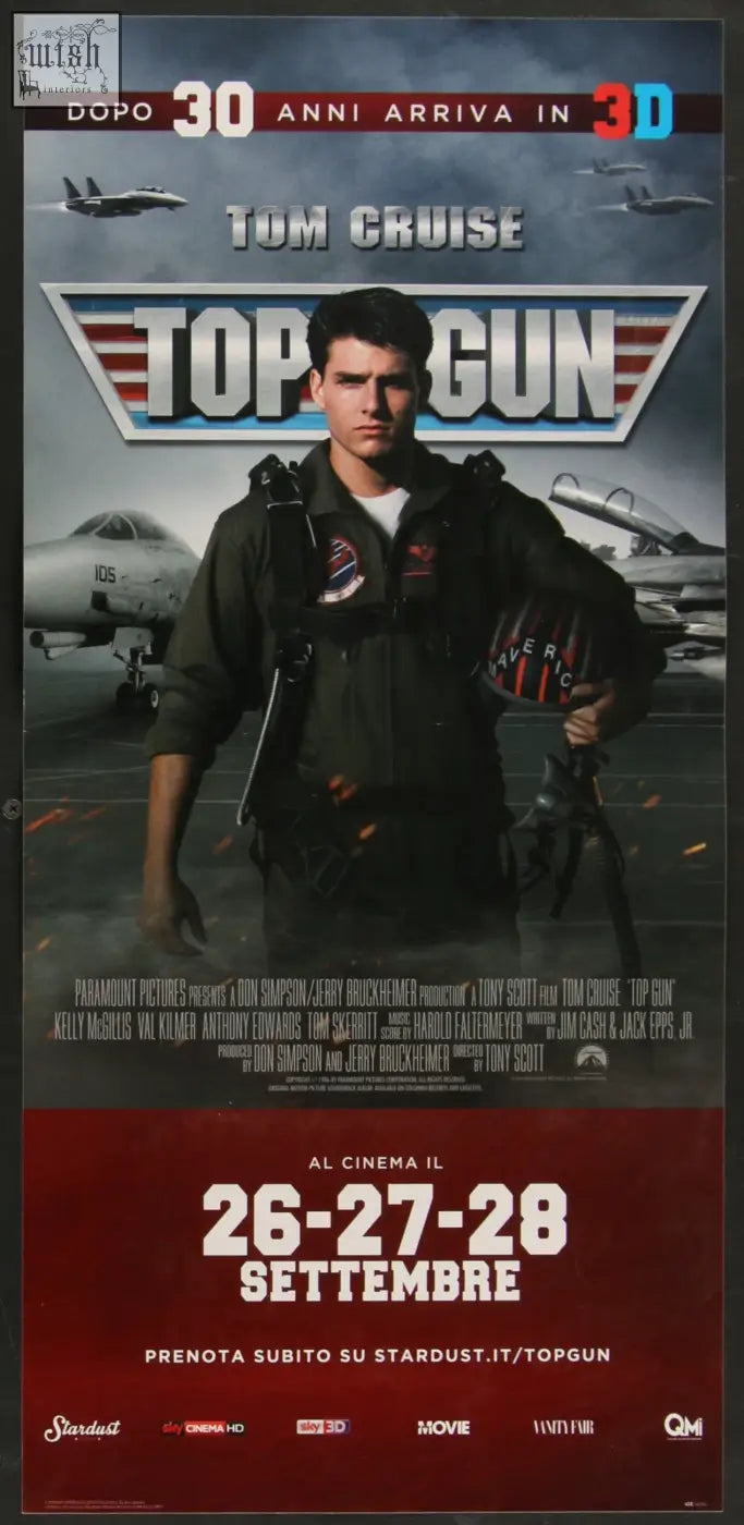 Tom cruise in black flight suit holding helmet by fighter jets on top gun original italian locandina movie poster