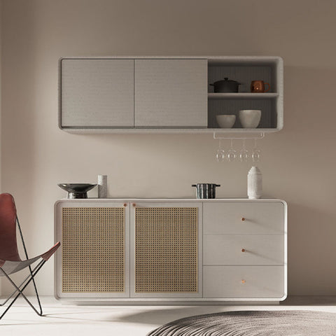 Modern white topaz cabinet with woven cane rattan panels and minimalist design in three different styles