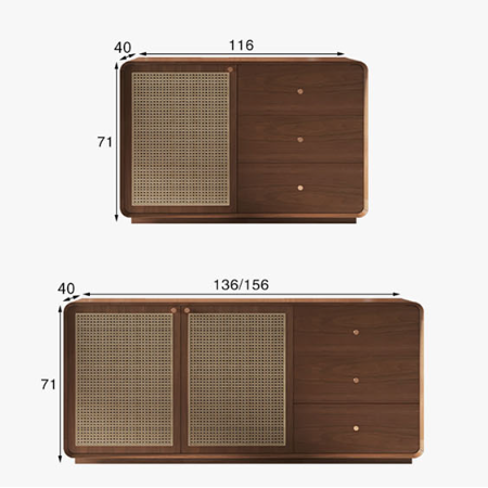 Modern wooden topaz cabinet with woven cane panel and three drawers in warm brown tones and minimalist design