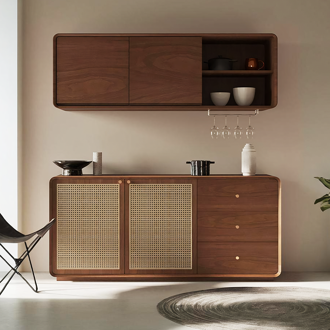 Modern wooden topaz cabinet with woven cane panels and three drawers in warm brown finish for stylish storage