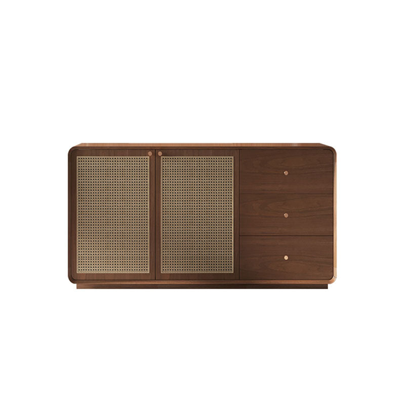 Modern wooden topaz cabinet with warm brown finish two cane-paneled doors and three drawers in wood and rattan style