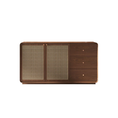 Modern wooden topaz cabinet with warm brown finish two cane-paneled doors and three drawers in wood and rattan style