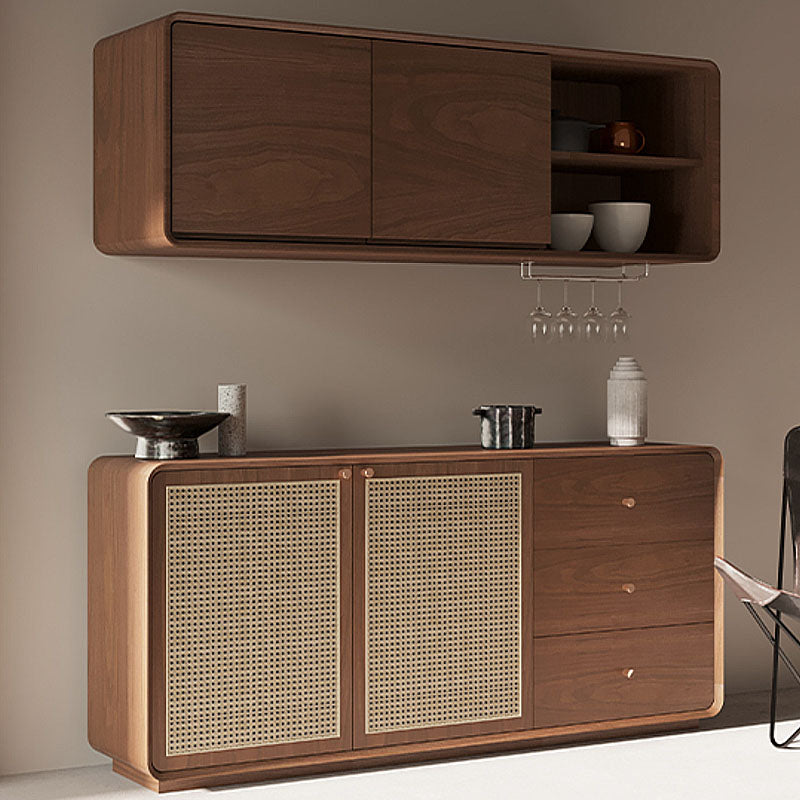 Modern topaz cabinet wood and rattan sideboard with cane panel doors in warm brown wood grain finish