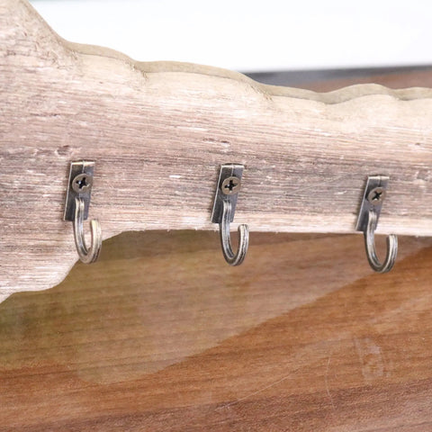 Weathered driftwood torani wooden key holder with three rustic metal hooks for hanging keys and small items