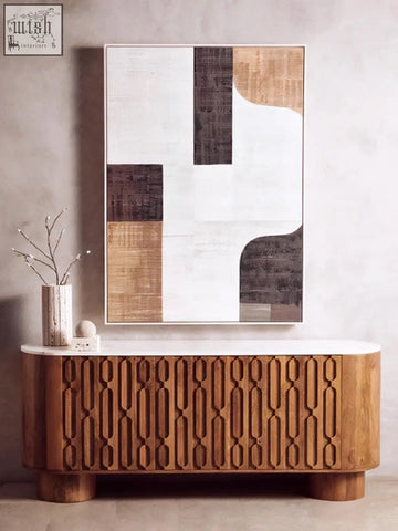 Modern torcino mango wood sideboard with carved design white marble top and three doors for stylish storage