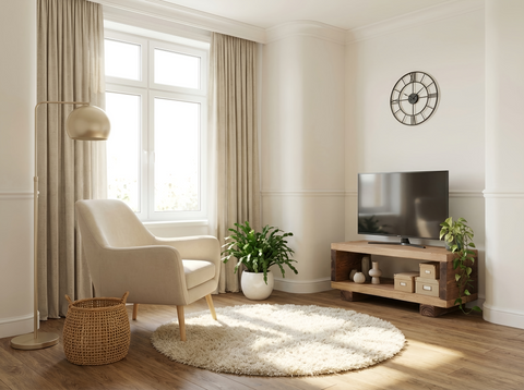 Beige armchair with wooden legs and soft upholstered seat pictured with torie solid wood chunky tv unit
