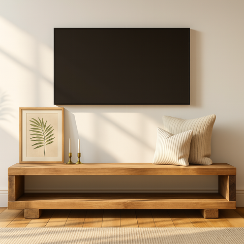 Black-framed flat-screen tv mounted above torie solid wood chunky tv unit with rustic wooden console table design