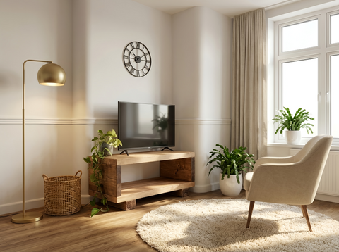 Black metal wall clock with roman numerals and minimalist design featured with torie solid wood chunky tv unit pictured items