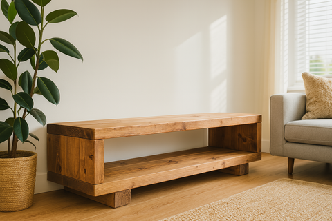 Rustic torie solid wood chunky tv unit with natural finish visible grain clean lines and sturdy block legs