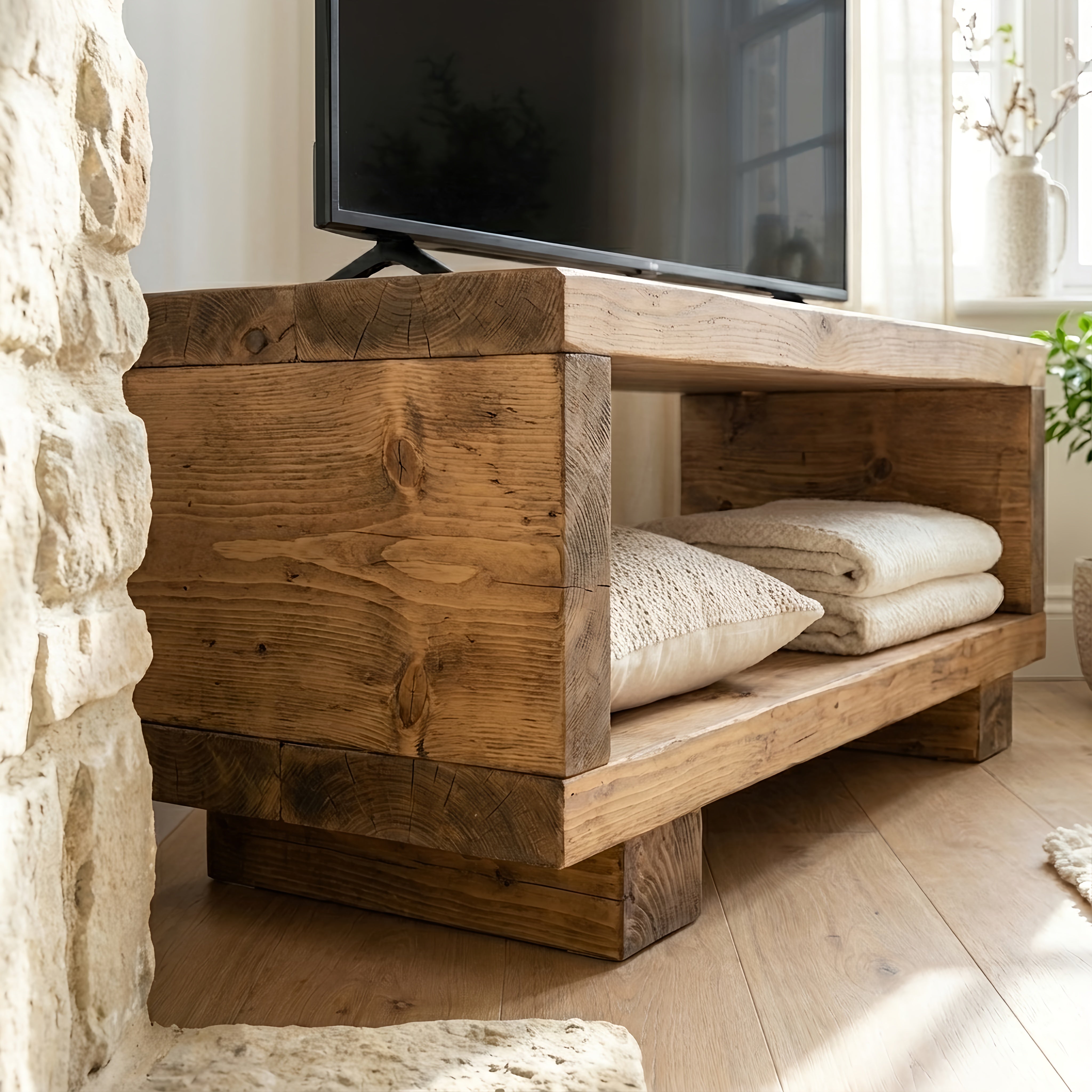 Rustic torie solid wood chunky tv unit with warm brown finish and natural knots on the wooden tv stand