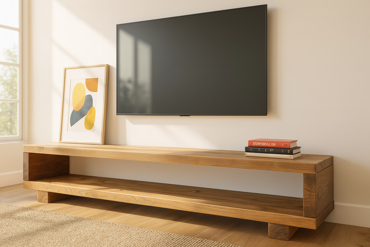 Torie solid wood chunky tv unit with a natural finish and open shelving for a sleek minimalist look