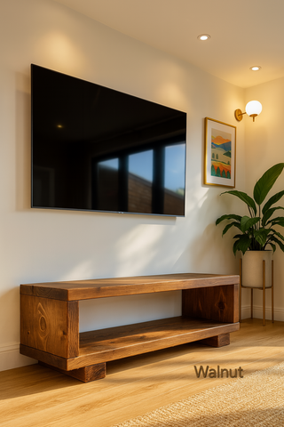 Walnut finished torie solid wood chunky tv unit with minimalist design and open lower shelf pictured items