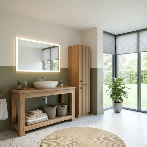 Lighted rectangular mirror with white frame mounted above toro solid wood bathroom vanity with wooden finish