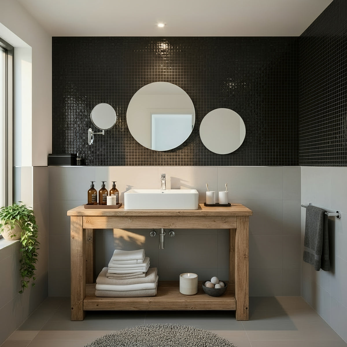 White rectangular vessel sink on toro solid wood rustic wood bathroom vanity with open shelving below