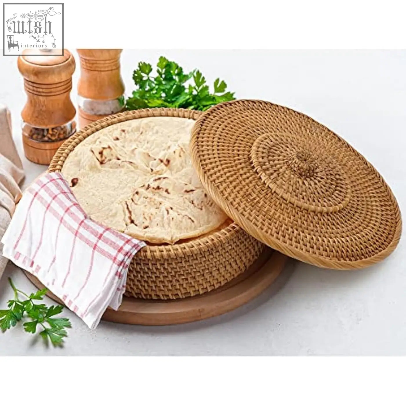 Woven natural rattan round tortilla warmer basket with lid and cotton tea towel for keeping tortillas warm