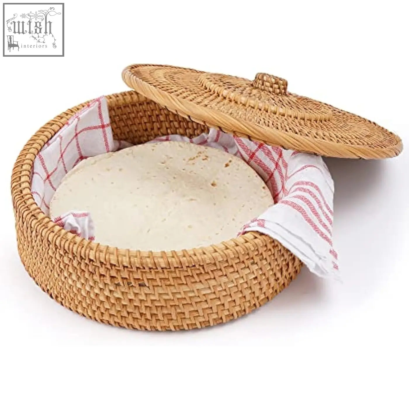 Woven rattan tortilla warmer basket with matching lid lined with red and white checkered cotton cloth for keeping tortillas warm