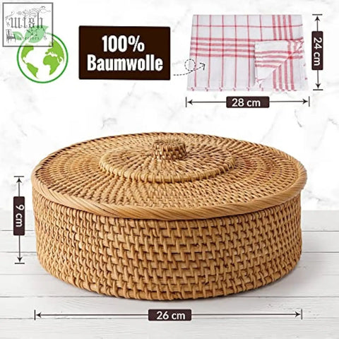 Natural woven rattan tortilla warmer basket with matching lid and cotton tea towel in earthy tan color