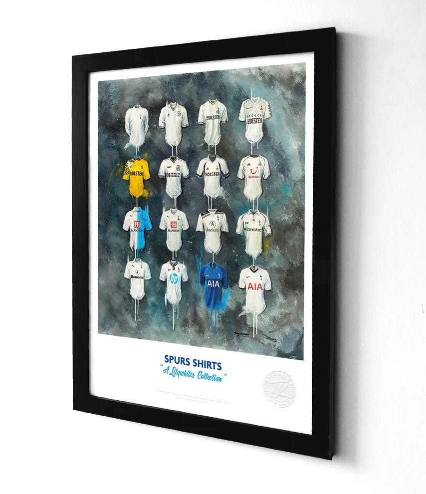 Black-framed tottenham hotspur a3 framed print featuring iconic spurs shirt wall art in various colors and styles