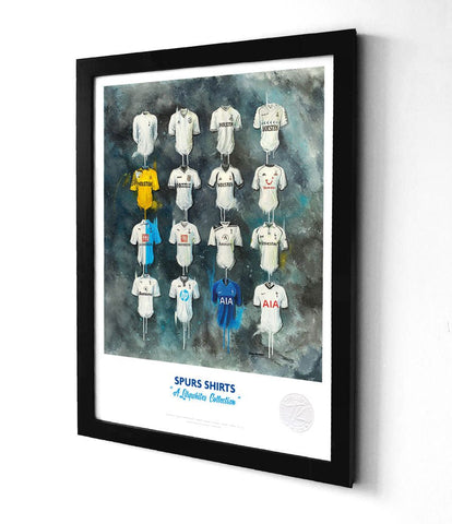Black-framed tottenham hotspur a3 framed print featuring iconic spurs shirt wall art in various colors and styles