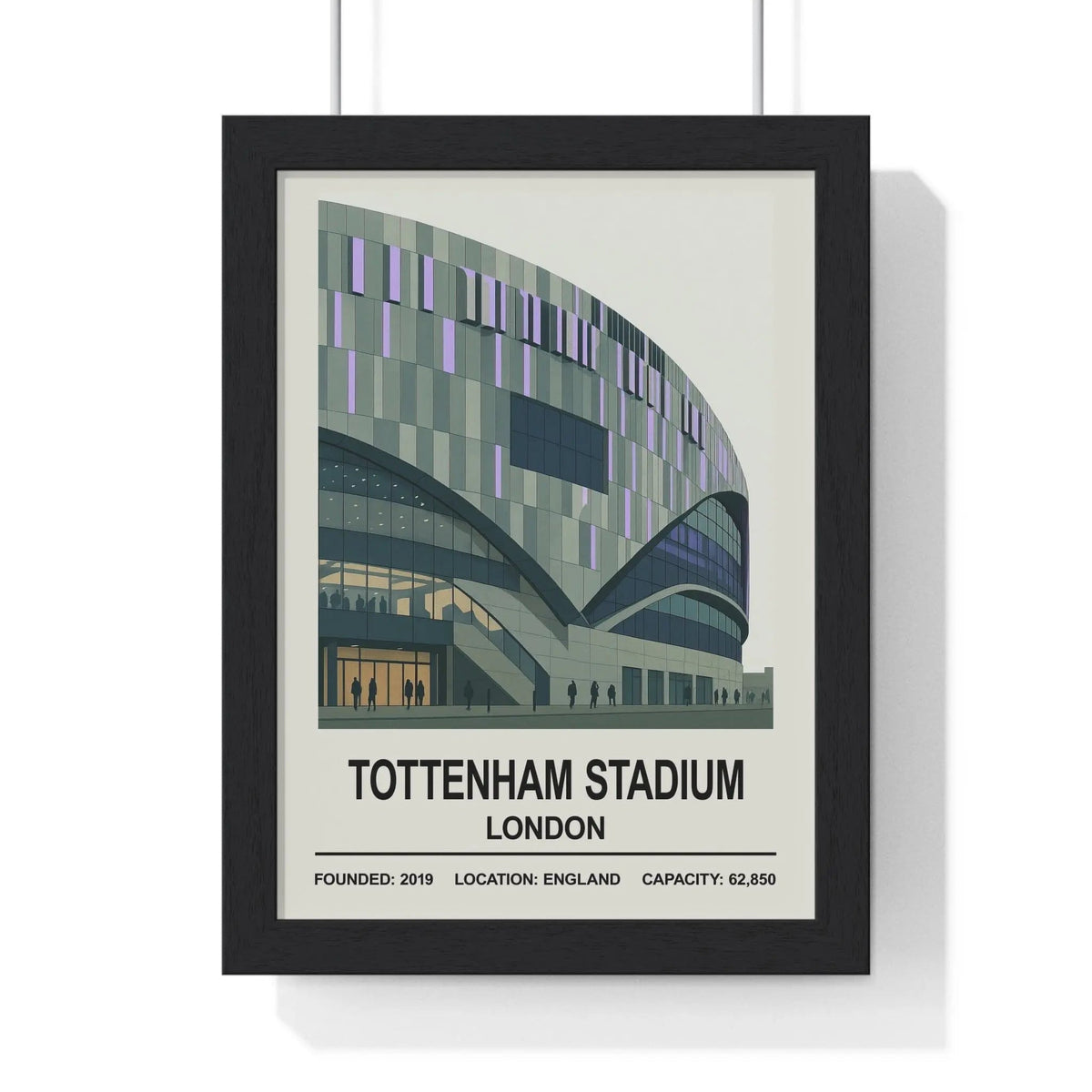 Black-framed tottenham hotspur stadium poster print with stylized green and purple tones on the hotspur stadium facade