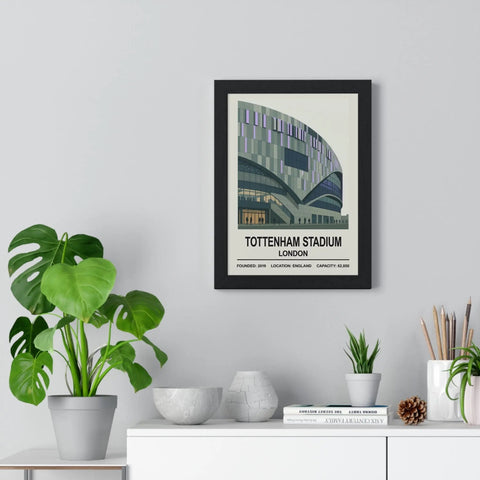Black-framed tottenham hotspur stadium poster print with modern illustration and text of founding year location and capacity