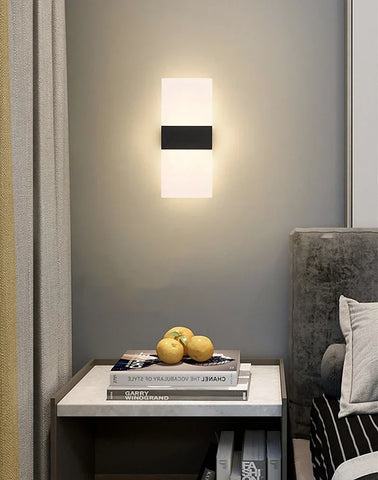 Modern rectangular usb rechargeable touch sensor wall light with cool white acrylic panel and black horizontal bar
