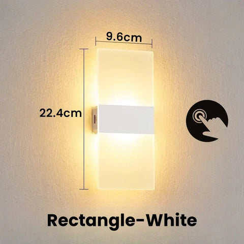 White usb rechargeable acrylic wall light with touch sensor control and sleek modern rectangular design