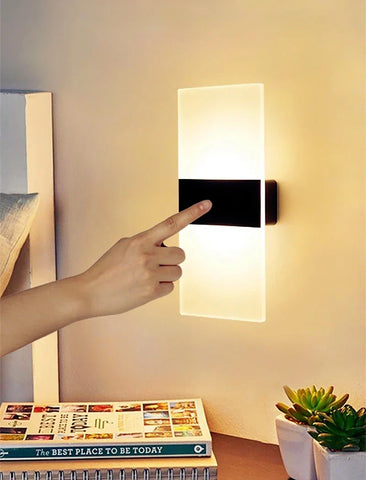 Modern rectangular usb rechargeable touch sensor wall sconce with frosted acrylic panel and warm ambient light