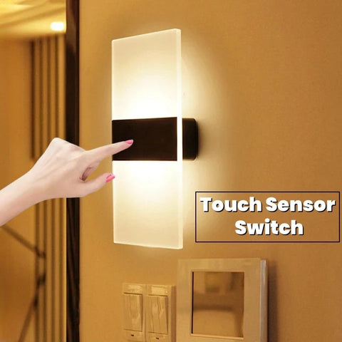 Modern rectangular usb rechargeable wall light with frosted acrylic panel and black touch sensor strip