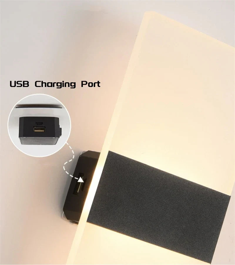 Modern minimalist touch sensor led wall light with matte black off-white acrylic panels and usb rechargeable port in cool white
