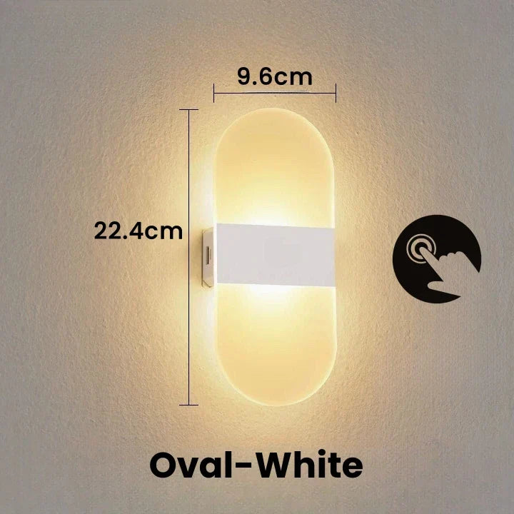 White oval usb rechargeable touch sensor led wall light with acrylic sconce and soft warm glow