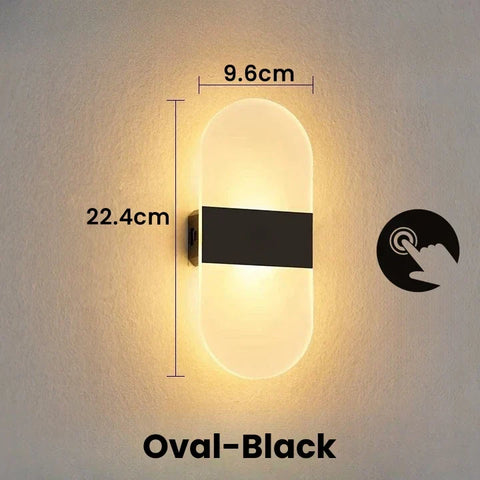 Oval-shaped black usb rechargeable touch sensor wall light with frosted acrylic diffuser and modern design