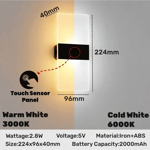 A sleek usb rechargeable touch sensor led wall light with frosted glass panel and cool white acrylic sconce