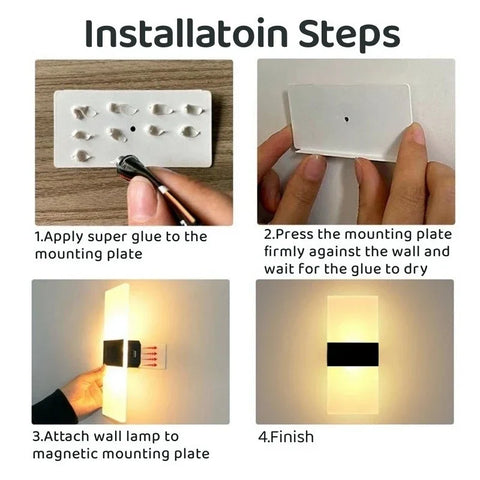 White rectangular acrylic wall light with black strip featuring touch sensor and usb rechargeable magnetic mount