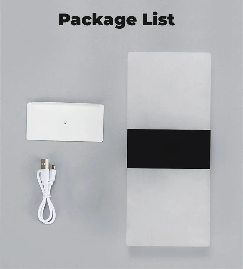White rectangular usb rechargeable touch sensor led wall light with a cool white acrylic sconce and black band