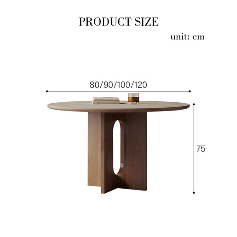 Modern toure round dining table with warm wood finish and minimalist pedestal base featuring oval cutout in sintered stone
