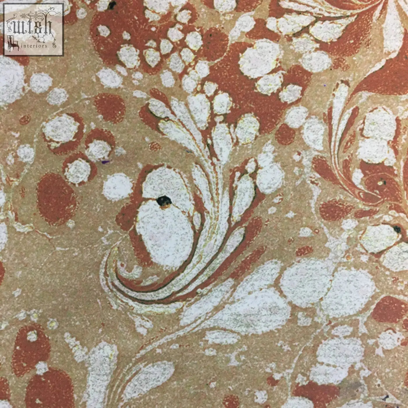 Vintage-style tourmaline wallpaper with rust-red and creamy white marbled patterns on a warm beige background check shipping times