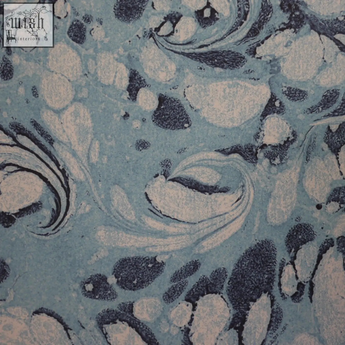 Tourmaline wallpaper with textured fabric and marbled swirls in soft blue cream and dark gray check shipping times