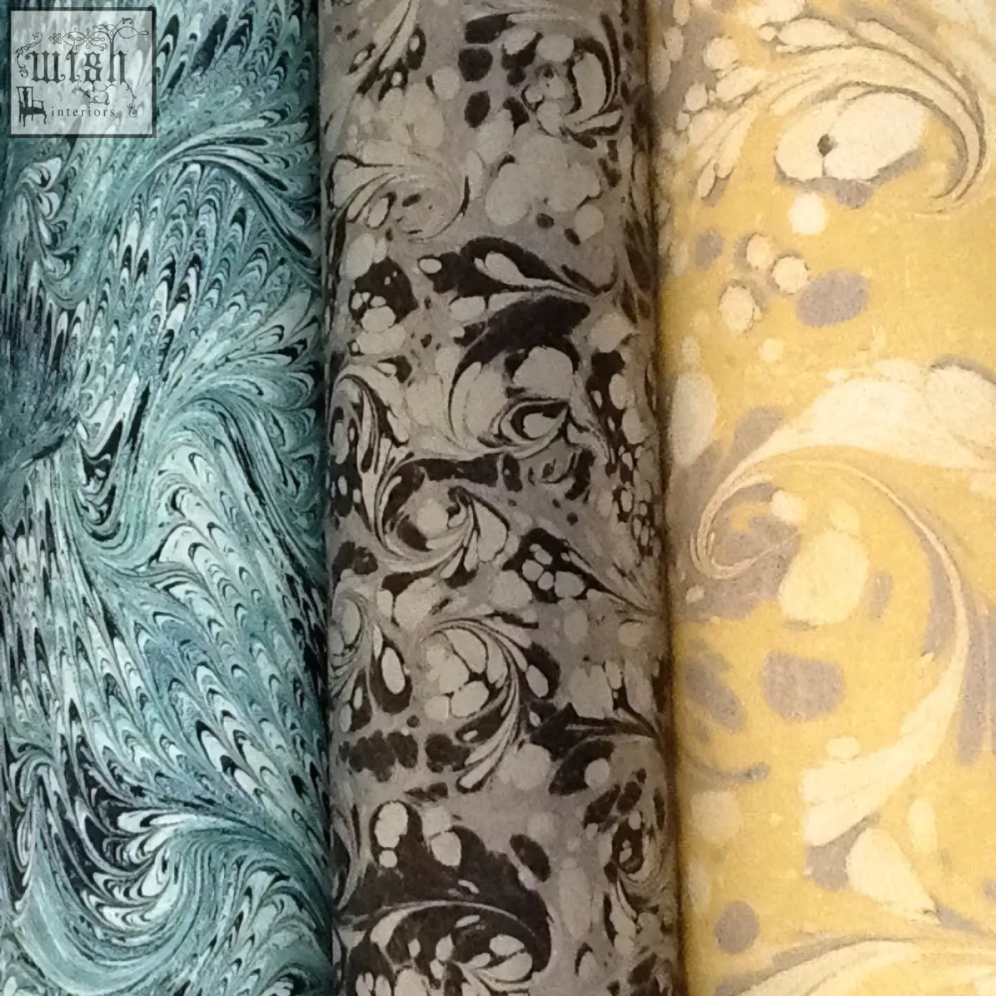 Three rolls of tourmaline wallpaper with marbled teal white black gray and yellow muted swirling patterns check shipping times