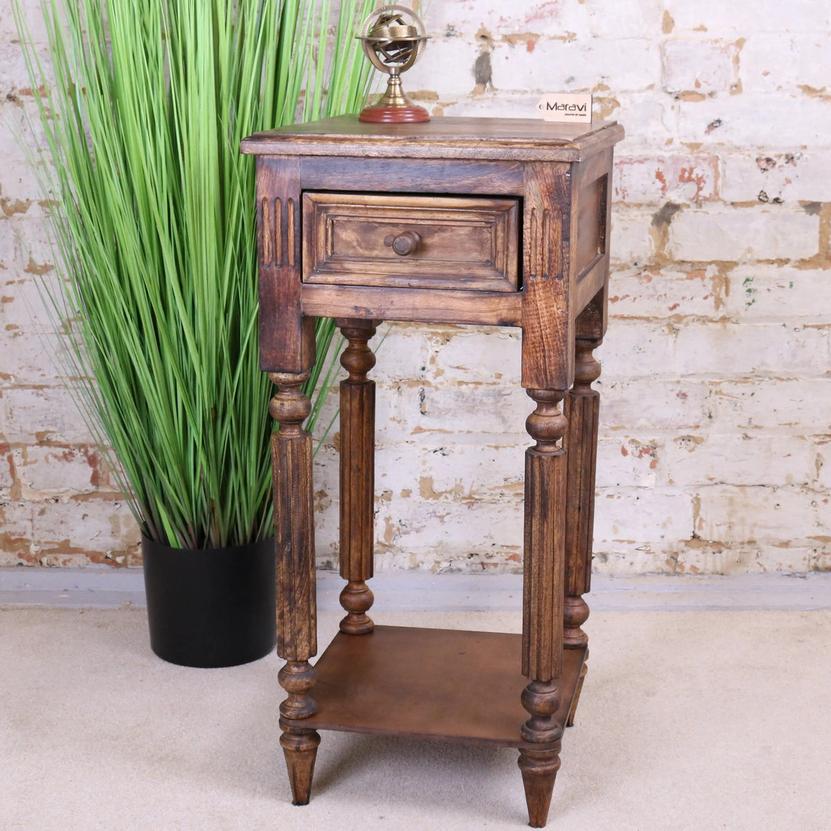 Rustic toyani square tall display table with dark brown wood grain finish, single drawer, and turned legs