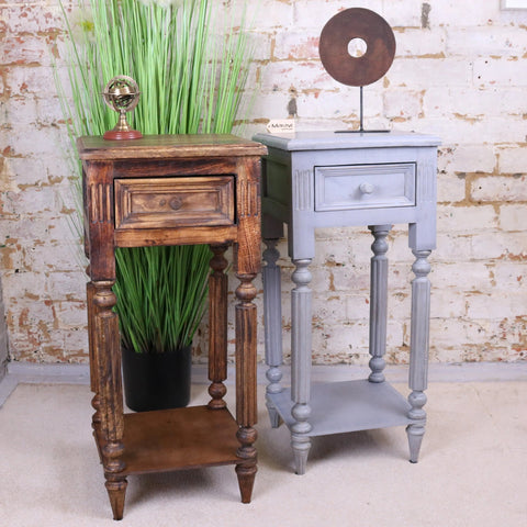 Rustic wooden toyani square tall display table with single drawer and turned legs in warm brown tones
